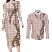 Beige Hawaii Palaka Couples Matching Long Sleeve Bodycon Dress and Long Sleeve Button Shirt Hawaiian Honohono Lei