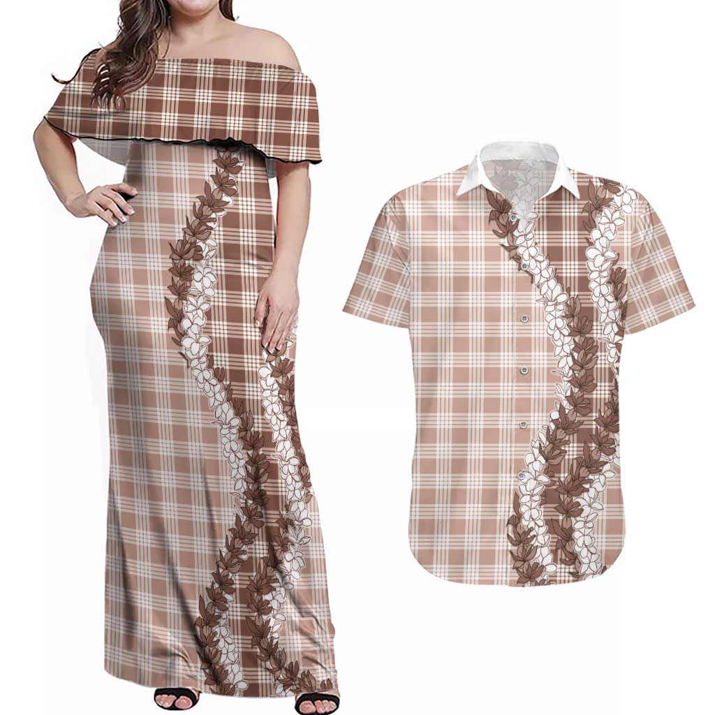 Beige Hawaii Palaka Couples Matching Off Shoulder Maxi Dress and Hawaiian Shirt Hawaiian Honohono Lei