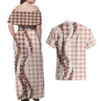 Beige Hawaii Palaka Couples Matching Off Shoulder Maxi Dress and Hawaiian Shirt Hawaiian Honohono Lei