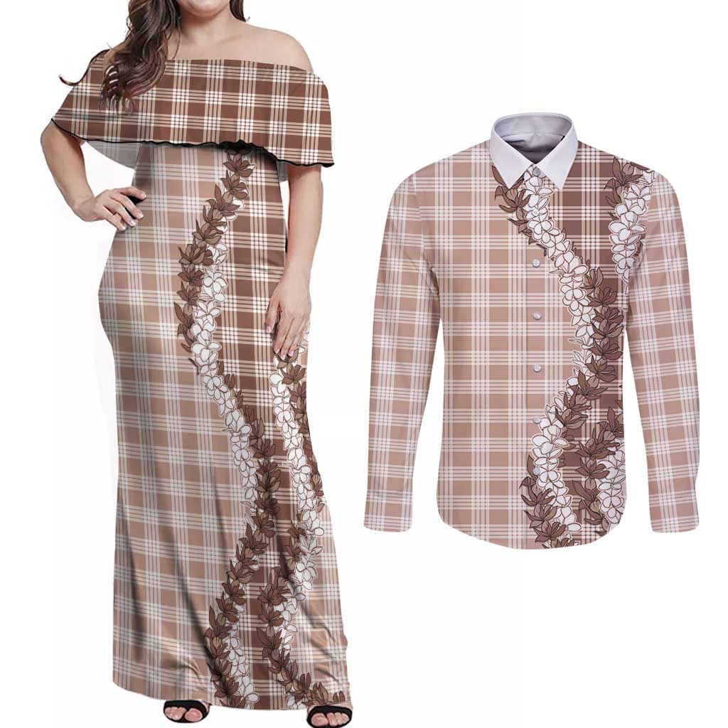 Beige Hawaii Palaka Couples Matching Off Shoulder Maxi Dress and Long Sleeve Button Shirt Hawaiian Honohono Lei