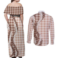 Beige Hawaii Palaka Couples Matching Off Shoulder Maxi Dress and Long Sleeve Button Shirt Hawaiian Honohono Lei