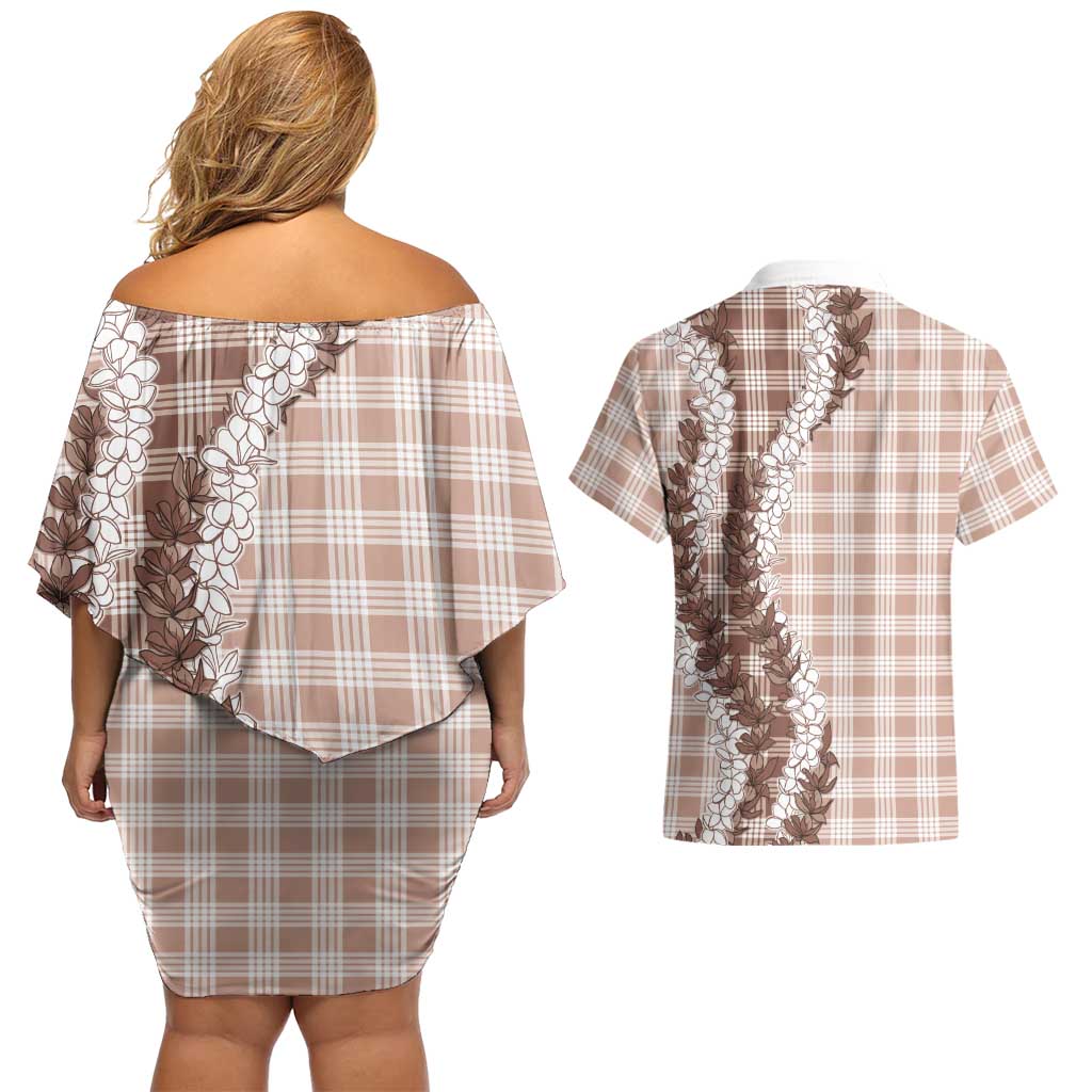 Beige Hawaii Palaka Couples Matching Off Shoulder Short Dress and Hawaiian Shirt Hawaiian Honohono Lei