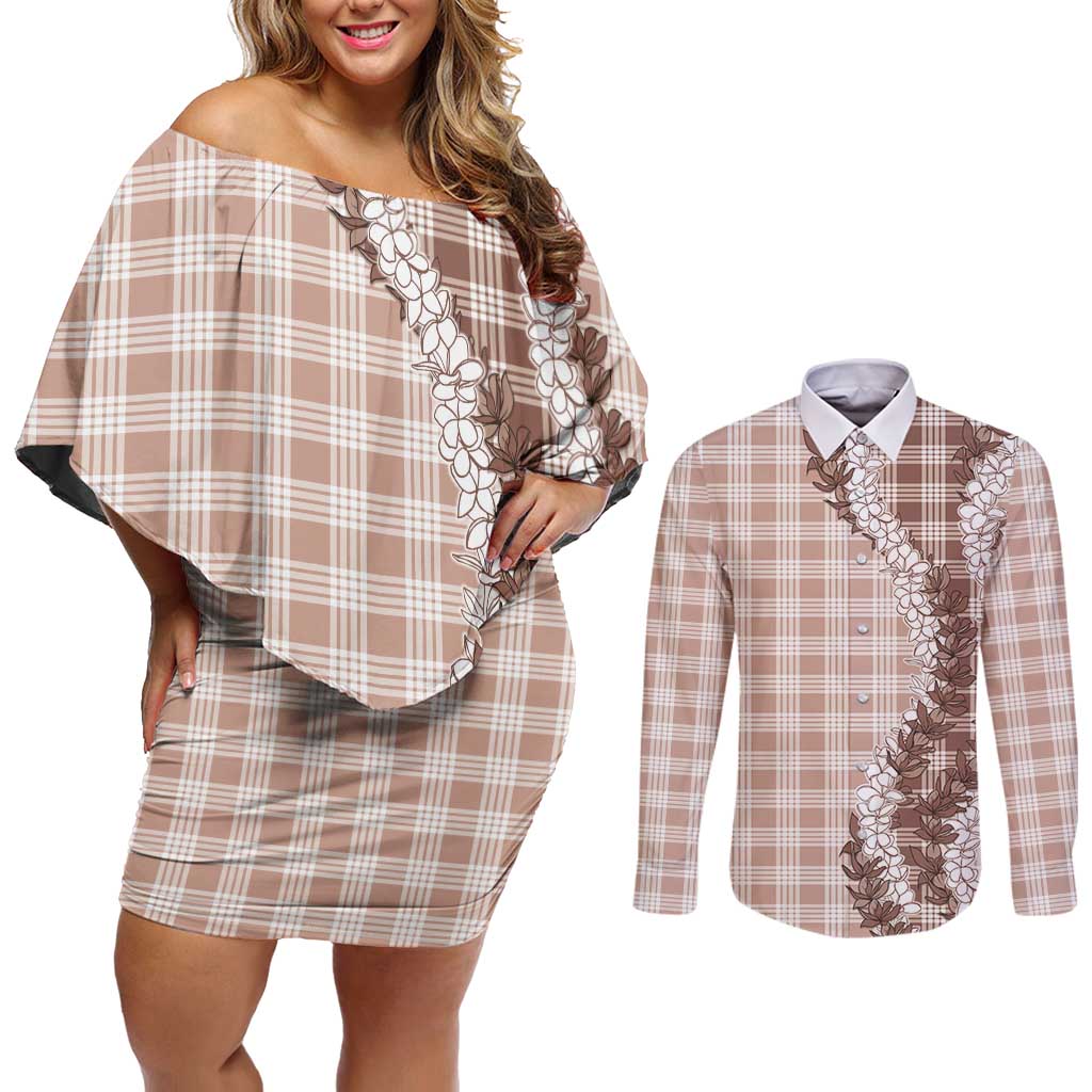 Beige Hawaii Palaka Couples Matching Off Shoulder Short Dress and Long Sleeve Button Shirt Hawaiian Honohono Lei