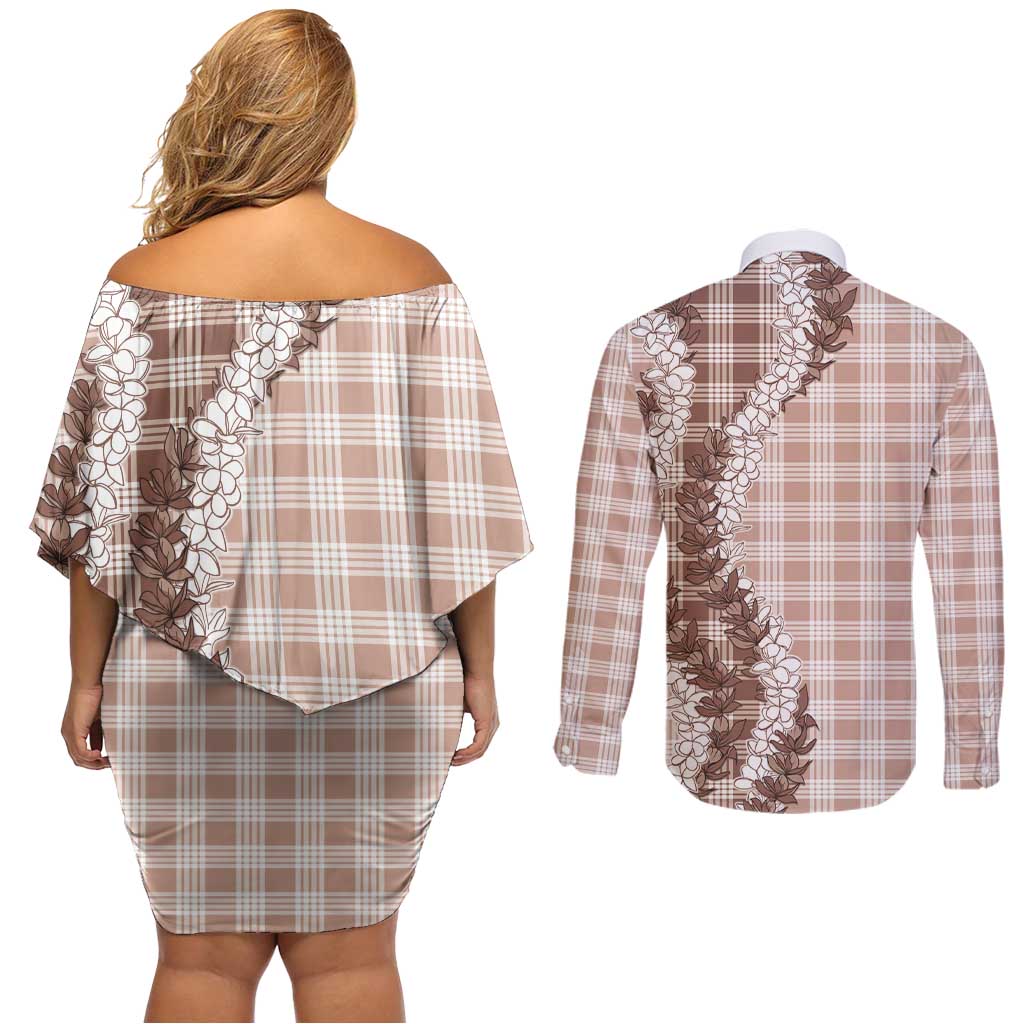 Beige Hawaii Palaka Couples Matching Off Shoulder Short Dress and Long Sleeve Button Shirt Hawaiian Honohono Lei