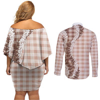 Beige Hawaii Palaka Couples Matching Off Shoulder Short Dress and Long Sleeve Button Shirt Hawaiian Honohono Lei