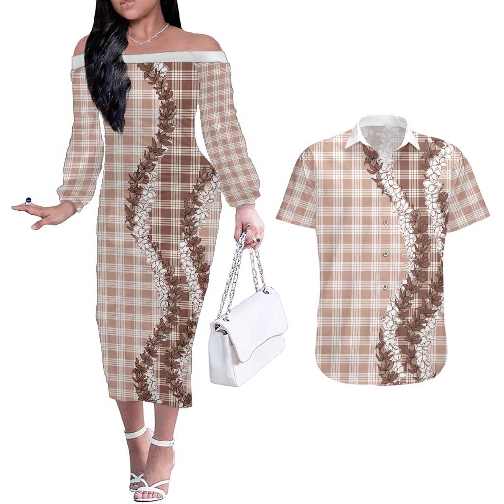 Beige Hawaii Palaka Couples Matching Off The Shoulder Long Sleeve Dress and Hawaiian Shirt Hawaiian Honohono Lei