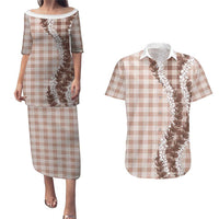 Beige Hawaii Palaka Couples Matching Puletasi and Hawaiian Shirt Hawaiian Honohono Lei