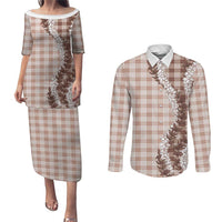 Beige Hawaii Palaka Couples Matching Puletasi and Long Sleeve Button Shirt Hawaiian Honohono Lei