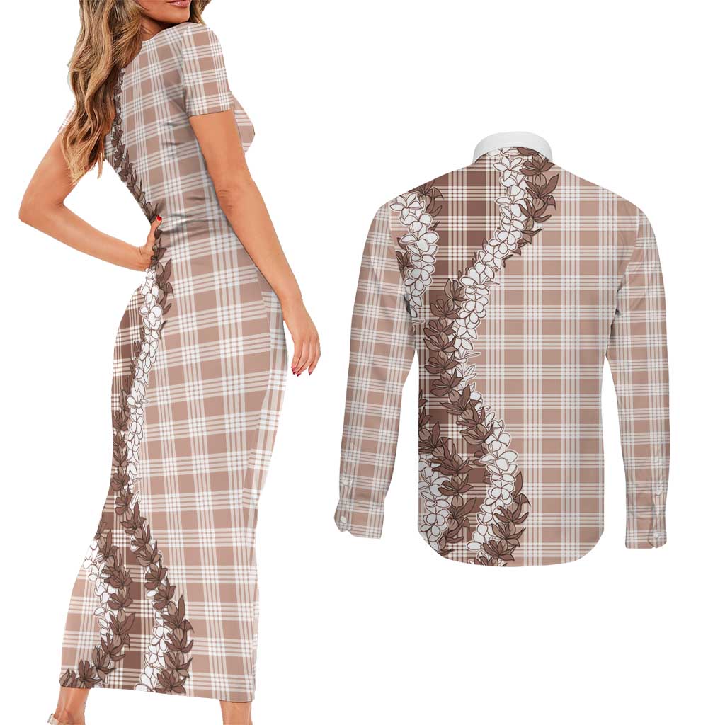 Beige Hawaii Palaka Couples Matching Short Sleeve Bodycon Dress and Long Sleeve Button Shirt Hawaiian Honohono Lei