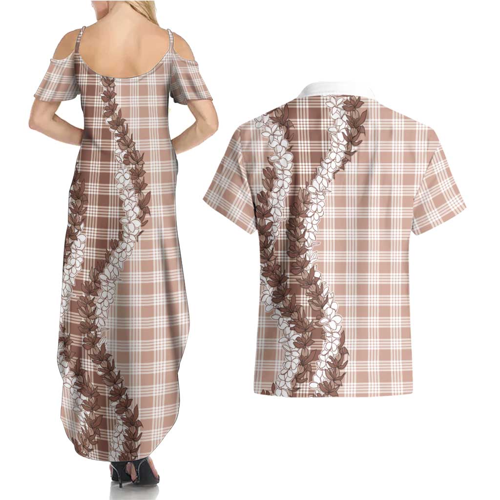 Beige Hawaii Palaka Couples Matching Summer Maxi Dress and Hawaiian Shirt Hawaiian Honohono Lei