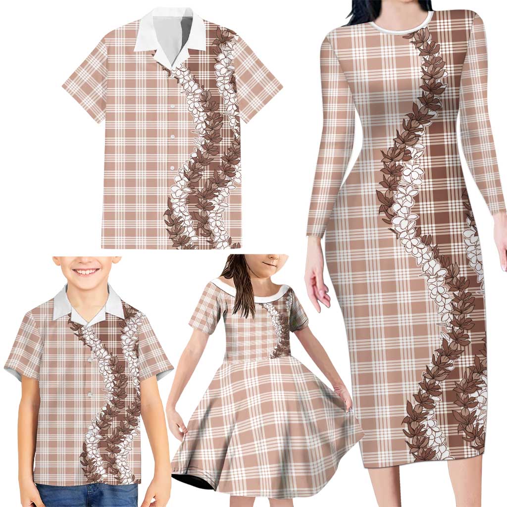 Beige Hawaii Palaka Family Matching Long Sleeve Bodycon Dress and Hawaiian Shirt Hawaiian Honohono Lei