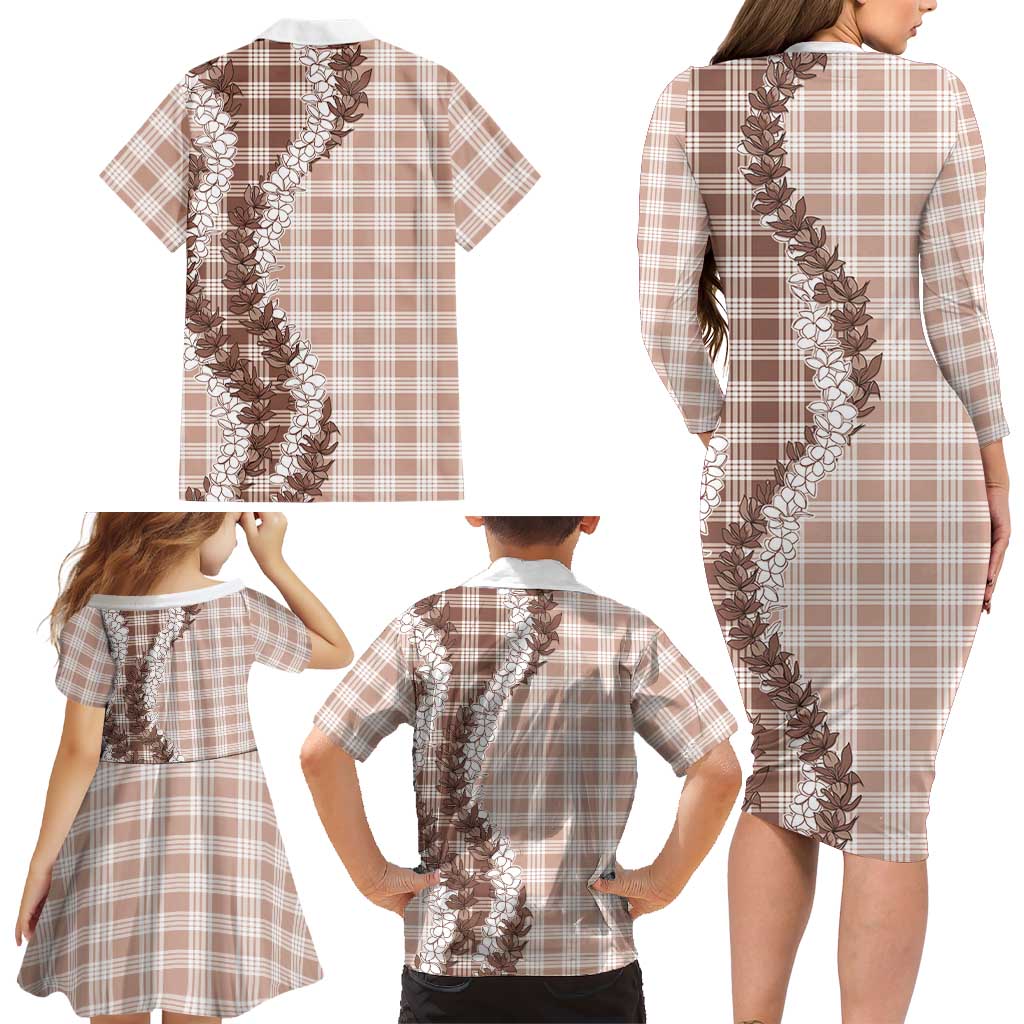 Beige Hawaii Palaka Family Matching Long Sleeve Bodycon Dress and Hawaiian Shirt Hawaiian Honohono Lei