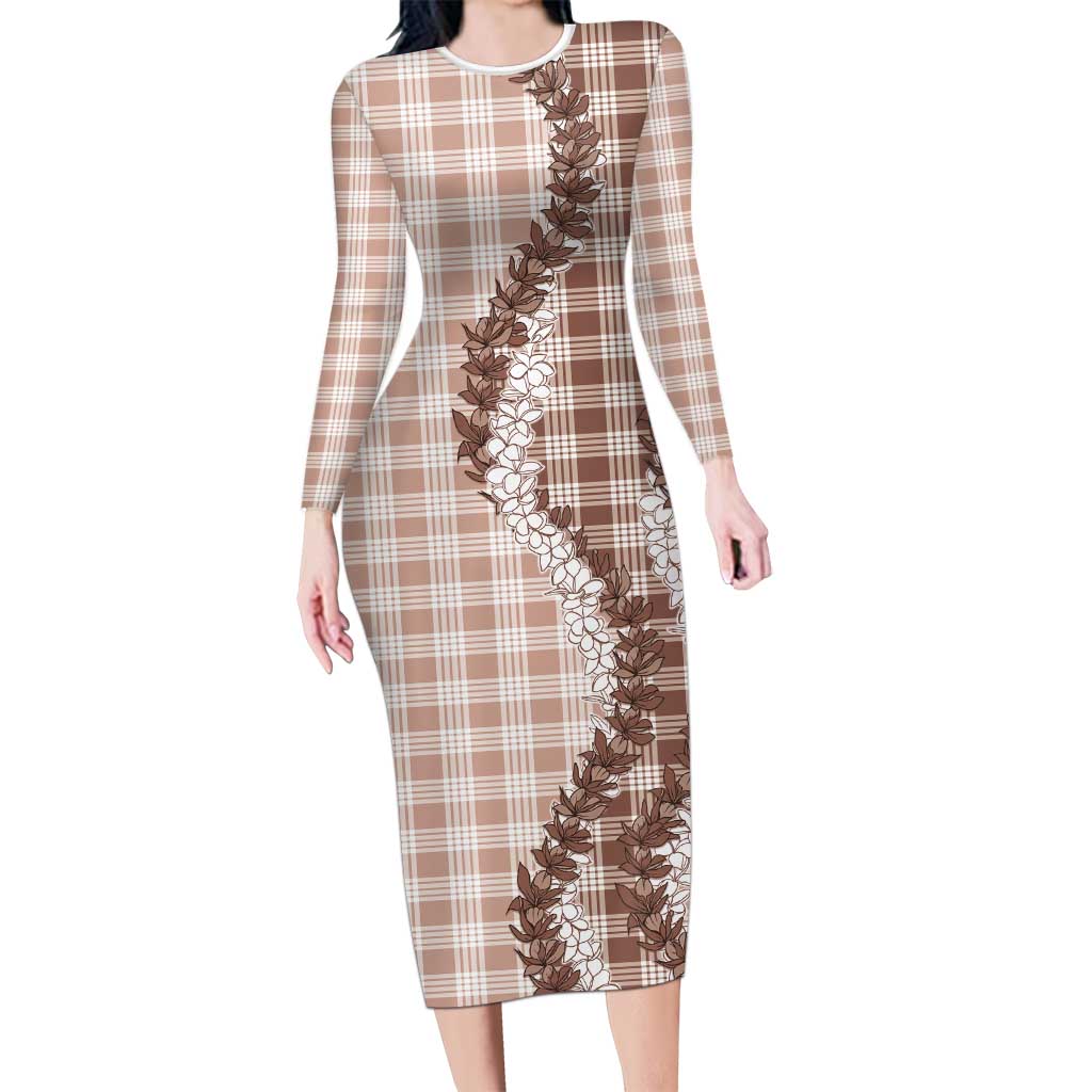 Beige Hawaii Palaka Family Matching Long Sleeve Bodycon Dress and Hawaiian Shirt Hawaiian Honohono Lei
