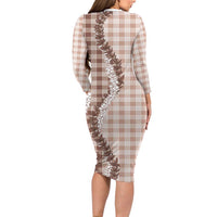 Beige Hawaii Palaka Family Matching Long Sleeve Bodycon Dress and Hawaiian Shirt Hawaiian Honohono Lei