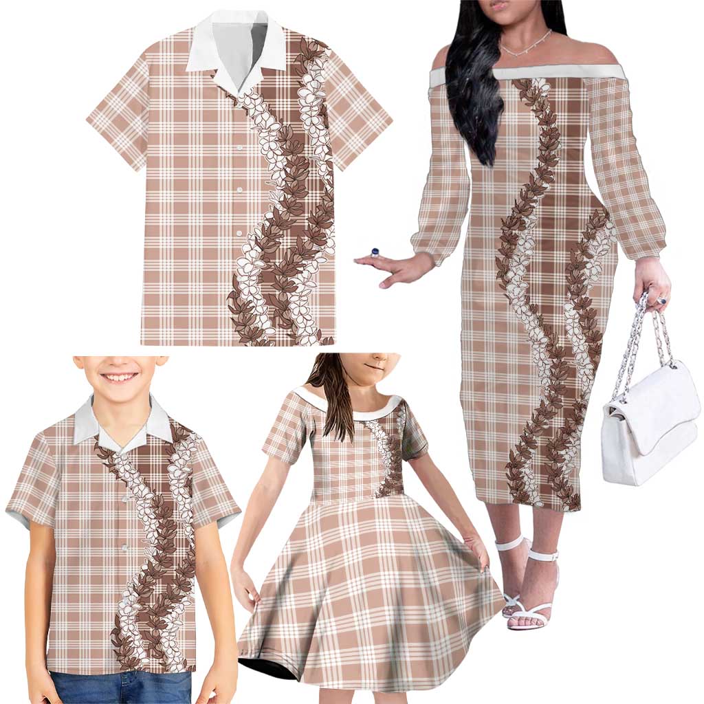 Beige Hawaii Palaka Family Matching Off The Shoulder Long Sleeve Dress and Hawaiian Shirt Hawaiian Honohono Lei