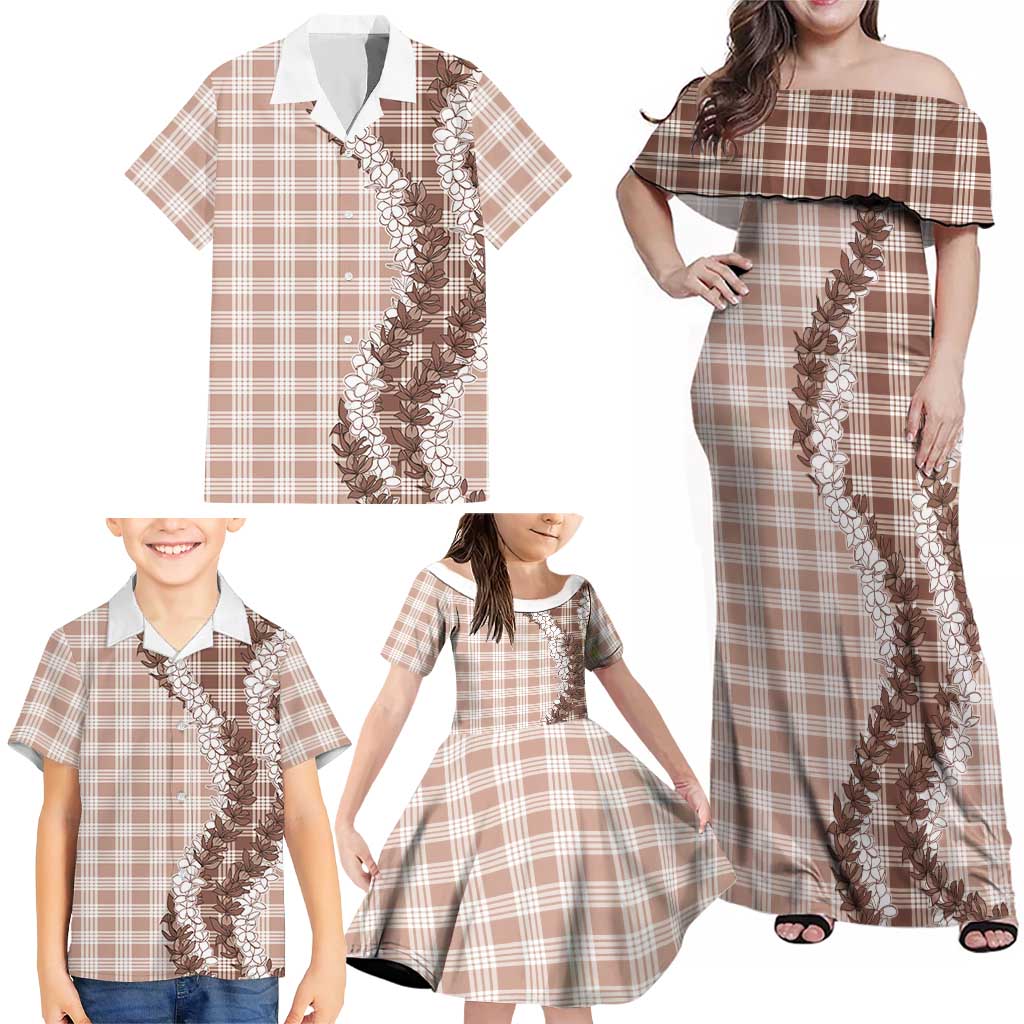 Beige Hawaii Palaka Family Matching Off Shoulder Maxi Dress and Hawaiian Shirt Hawaiian Honohono Lei