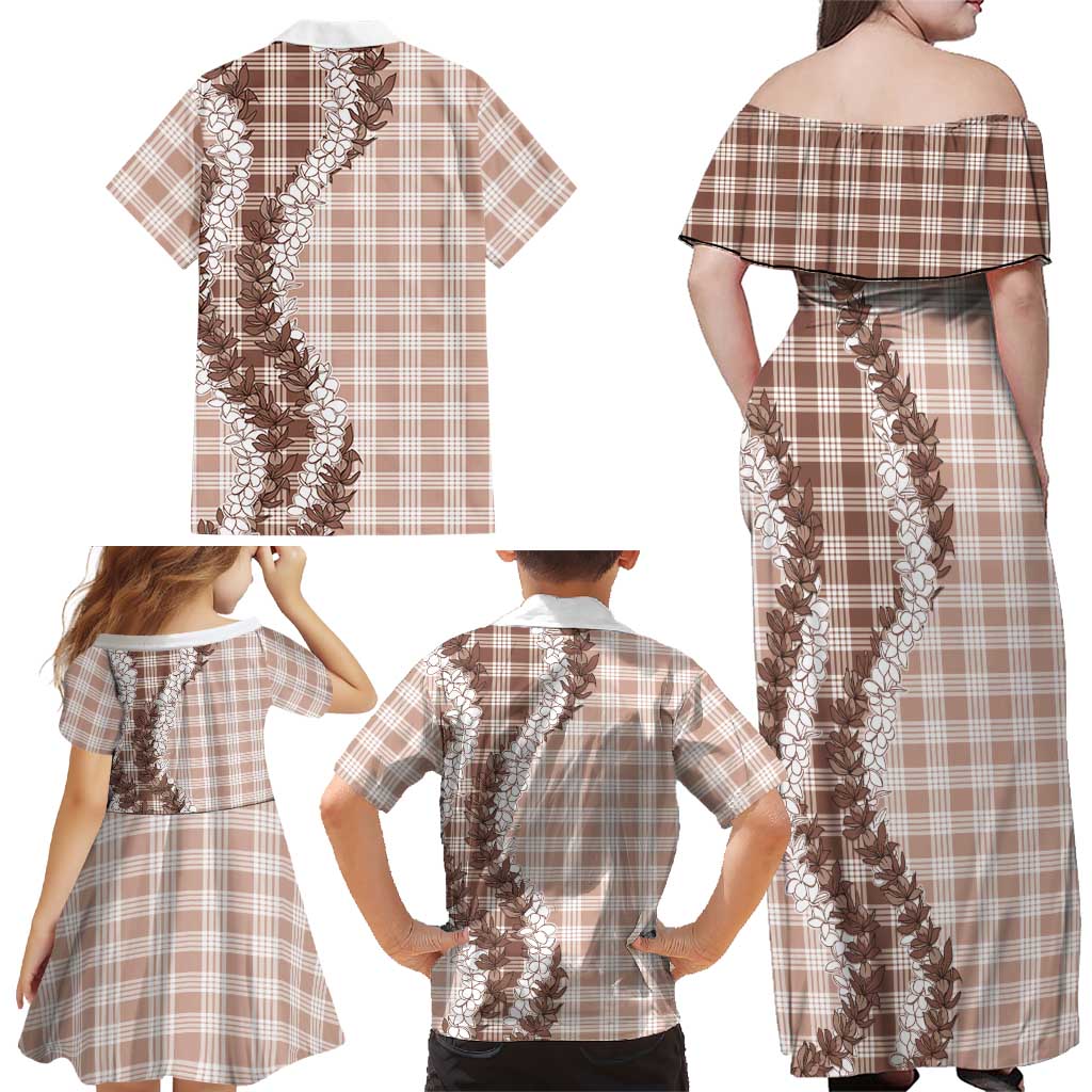 Beige Hawaii Palaka Family Matching Off Shoulder Maxi Dress and Hawaiian Shirt Hawaiian Honohono Lei