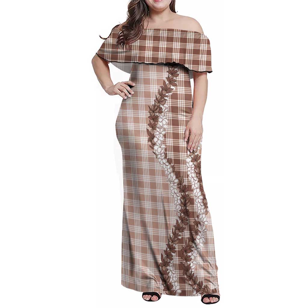 Beige Hawaii Palaka Family Matching Off Shoulder Maxi Dress and Hawaiian Shirt Hawaiian Honohono Lei