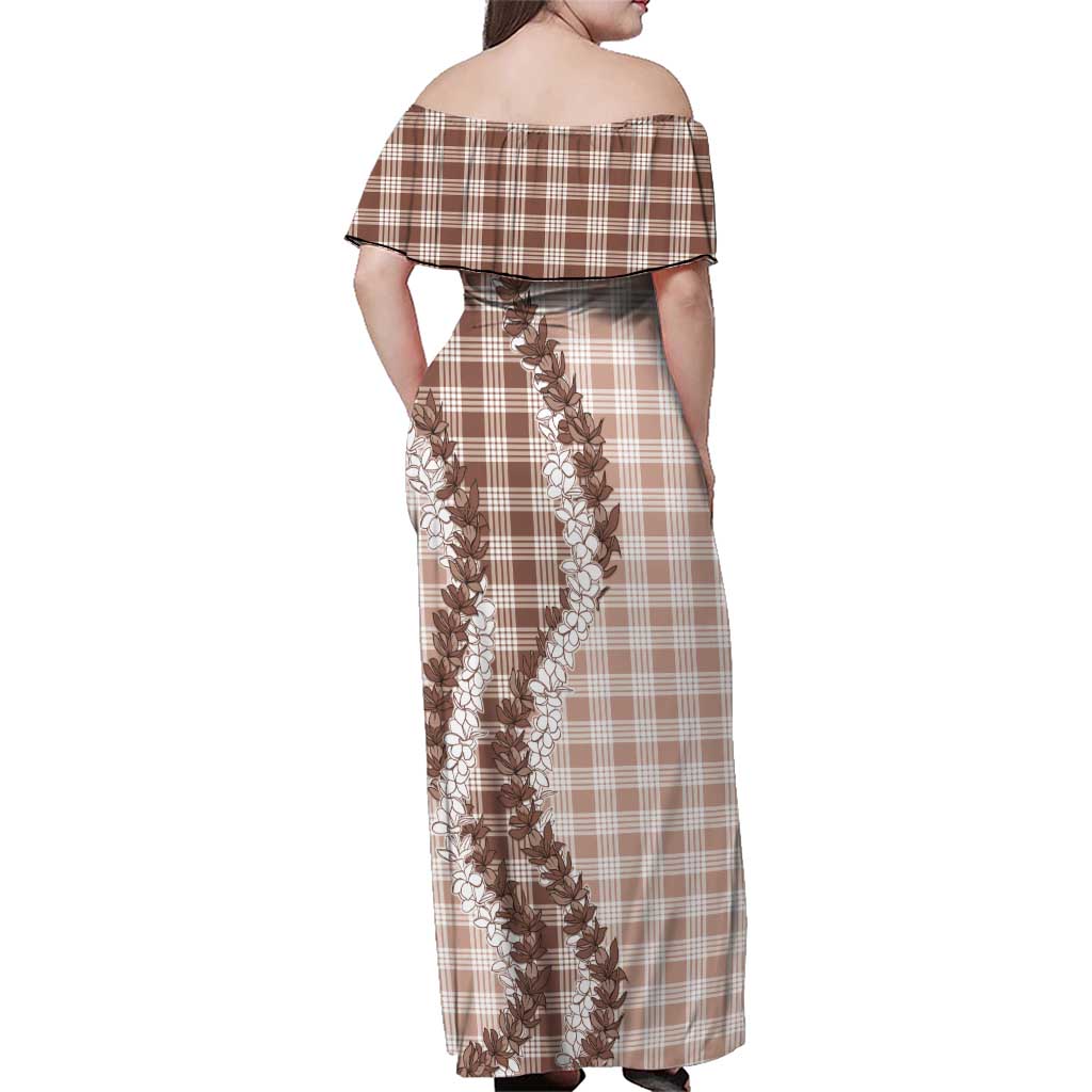 Beige Hawaii Palaka Family Matching Off Shoulder Maxi Dress and Hawaiian Shirt Hawaiian Honohono Lei