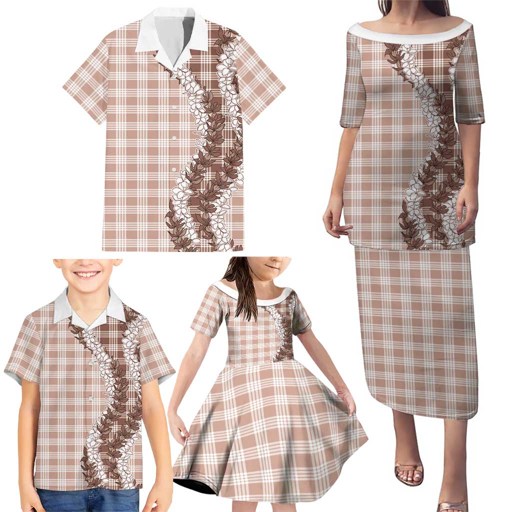 Beige Hawaii Palaka Family Matching Puletasi and Hawaiian Shirt Hawaiian Honohono Lei