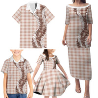 Beige Hawaii Palaka Family Matching Puletasi and Hawaiian Shirt Hawaiian Honohono Lei