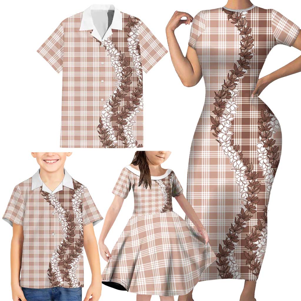 Beige Hawaii Palaka Family Matching Short Sleeve Bodycon Dress and Hawaiian Shirt Hawaiian Honohono Lei
