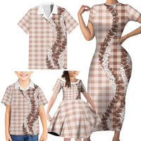 Beige Hawaii Palaka Family Matching Short Sleeve Bodycon Dress and Hawaiian Shirt Hawaiian Honohono Lei