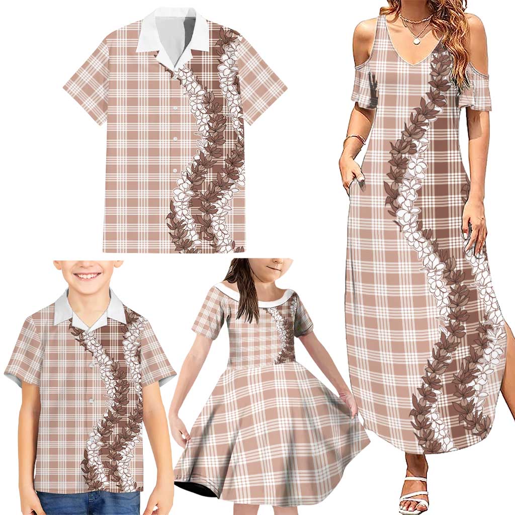 Beige Hawaii Palaka Family Matching Summer Maxi Dress and Hawaiian Shirt Hawaiian Honohono Lei