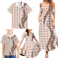 Beige Hawaii Palaka Family Matching Summer Maxi Dress and Hawaiian Shirt Hawaiian Honohono Lei