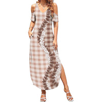 Beige Hawaii Palaka Family Matching Summer Maxi Dress and Hawaiian Shirt Hawaiian Honohono Lei