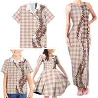 Beige Hawaii Palaka Family Matching Tank Maxi Dress and Hawaiian Shirt Hawaiian Honohono Lei