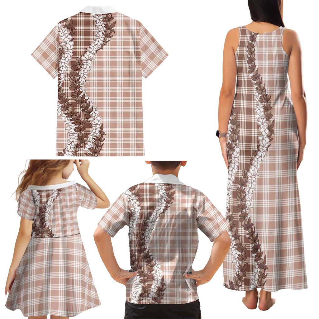 Beige Hawaii Palaka Family Matching Tank Maxi Dress and Hawaiian Shirt Hawaiian Honohono Lei