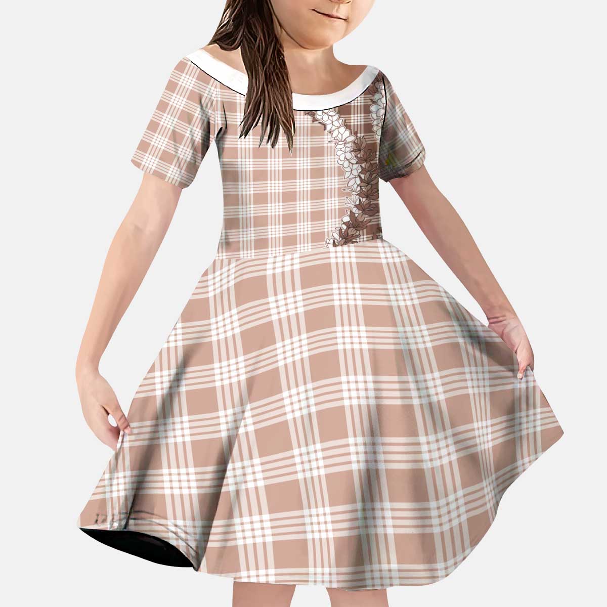 Beige Hawaii Palaka Kid Short Sleeve Dress Hawaiian Honohono Lei