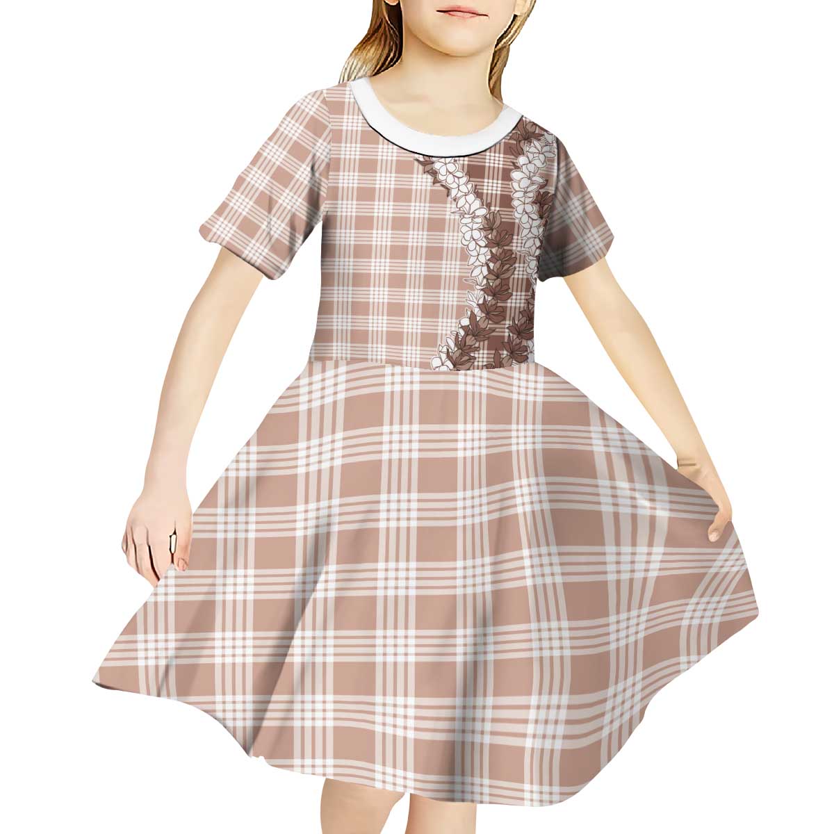 Beige Hawaii Palaka Kid Short Sleeve Dress Hawaiian Honohono Lei