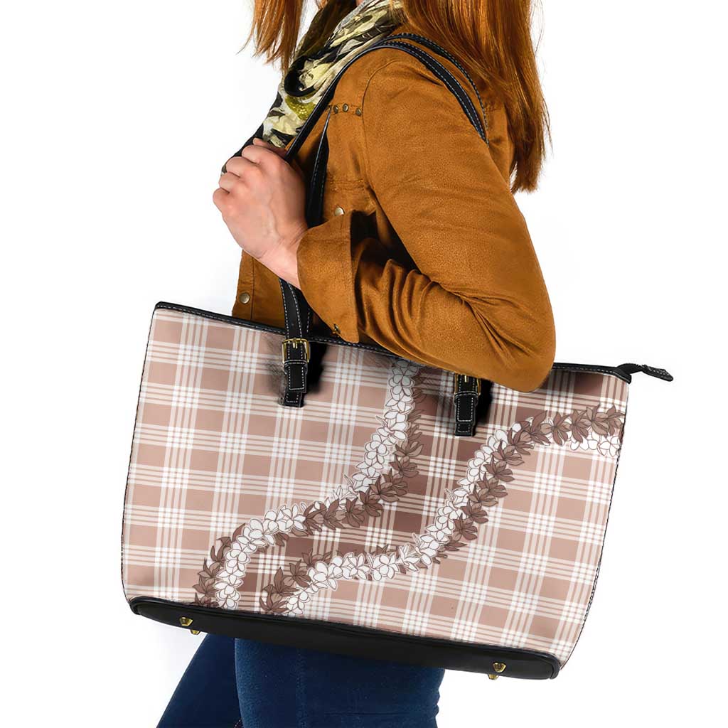Beige Hawaii Palaka Leather Tote Bag Hawaiian Honohono Lei