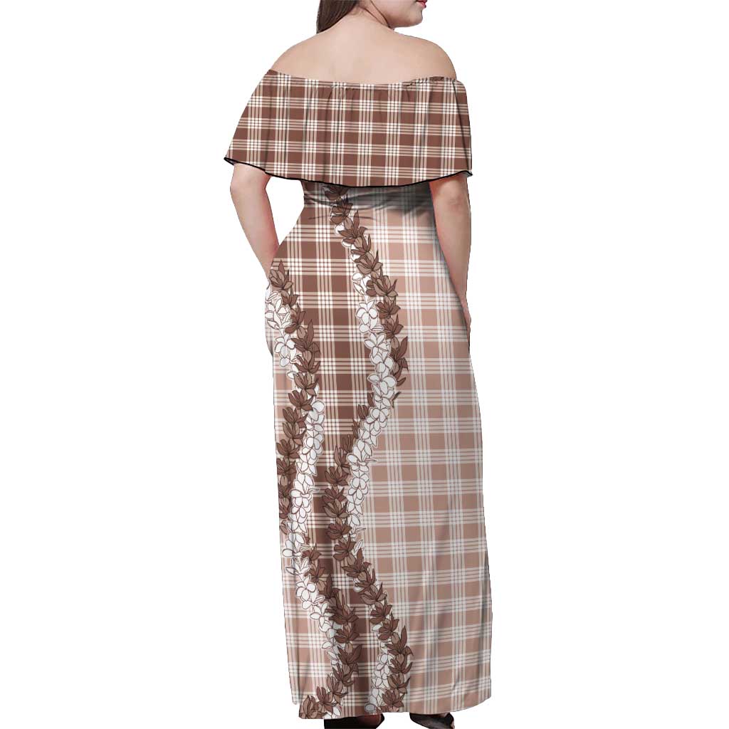 Beige Hawaii Palaka Off Shoulder Maxi Dress Hawaiian Honohono Lei