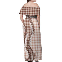 Beige Hawaii Palaka Off Shoulder Maxi Dress Hawaiian Honohono Lei