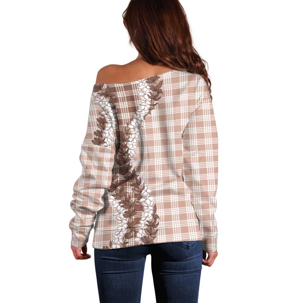 Beige Hawaii Palaka Off Shoulder Sweater Hawaiian Honohono Lei LT05 - Polynesian Pride