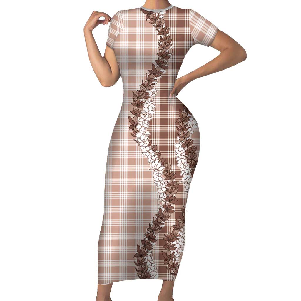 Beige Hawaii Palaka Short Sleeve Bodycon Dress Hawaiian Honohono Lei
