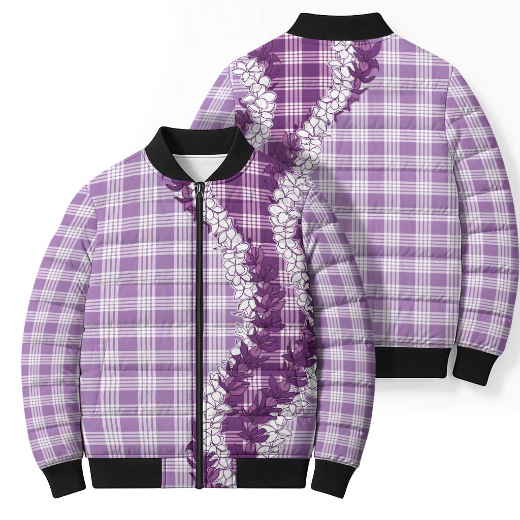 Violet Hawaii Palaka Bomber Puffer Jacket Hawaiian Honohono Lei
