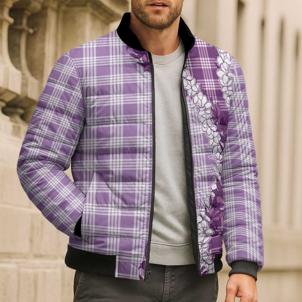 Violet Hawaii Palaka Bomber Puffer Jacket Hawaiian Honohono Lei