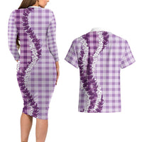 Violet Hawaii Palaka Couples Matching Long Sleeve Bodycon Dress and Hawaiian Shirt Hawaiian Honohono Lei