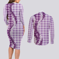 Violet Hawaii Palaka Couples Matching Long Sleeve Bodycon Dress and Long Sleeve Button Shirt Hawaiian Honohono Lei