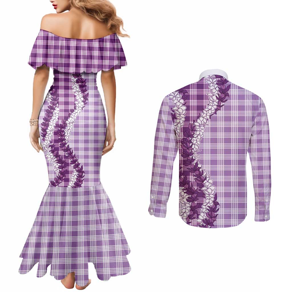 Violet Hawaii Palaka Couples Matching Mermaid Dress and Long Sleeve Button Shirt Hawaiian Honohono Lei