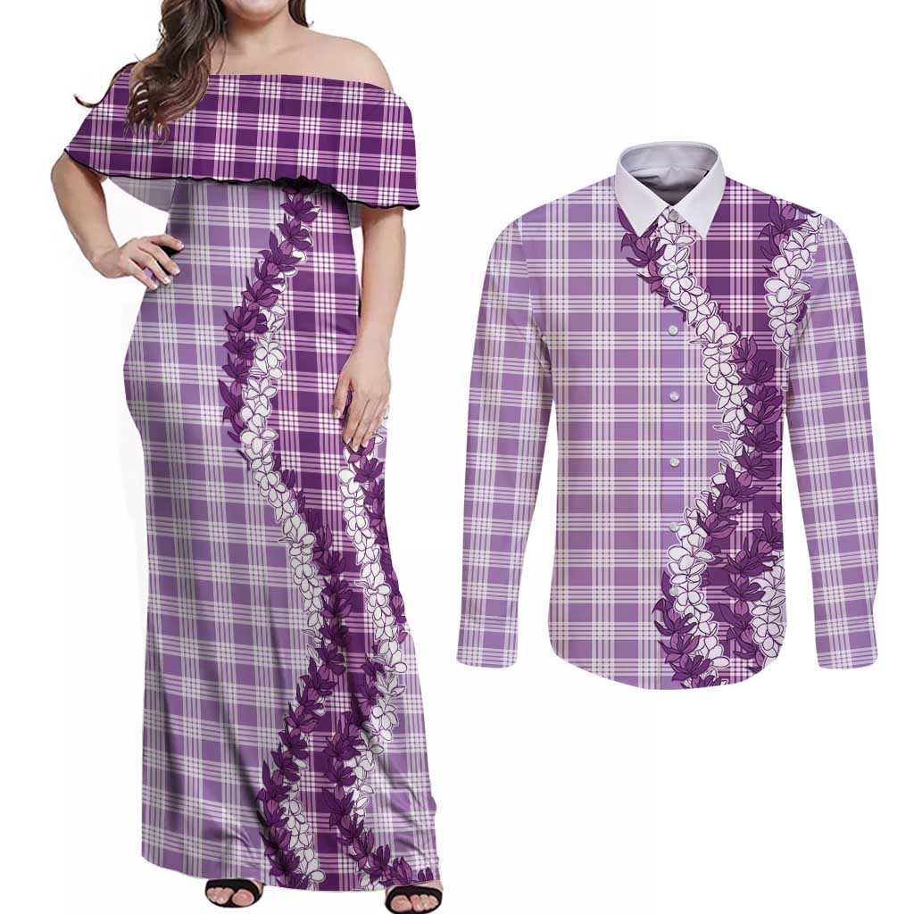 Violet Hawaii Palaka Couples Matching Off Shoulder Maxi Dress and Long Sleeve Button Shirt Hawaiian Honohono Lei