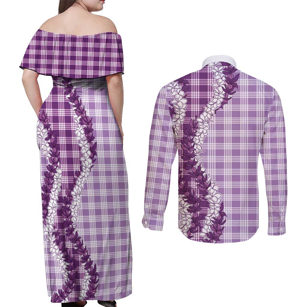 Violet Hawaii Palaka Couples Matching Off Shoulder Maxi Dress and Long Sleeve Button Shirt Hawaiian Honohono Lei