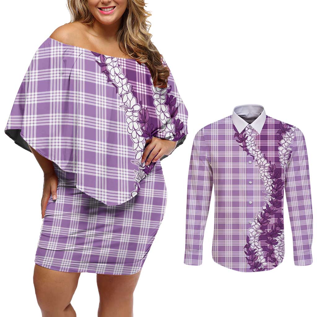 Violet Hawaii Palaka Couples Matching Off Shoulder Short Dress and Long Sleeve Button Shirt Hawaiian Honohono Lei