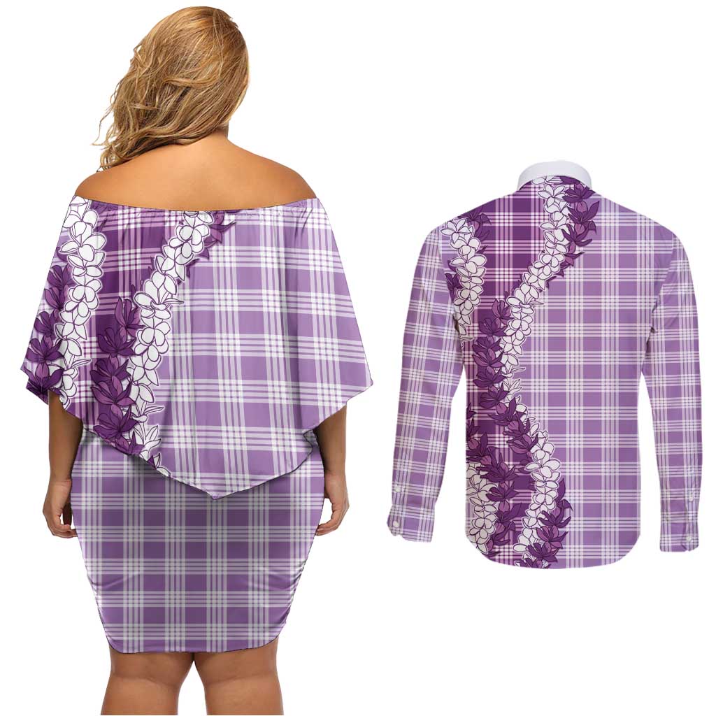 Violet Hawaii Palaka Couples Matching Off Shoulder Short Dress and Long Sleeve Button Shirt Hawaiian Honohono Lei
