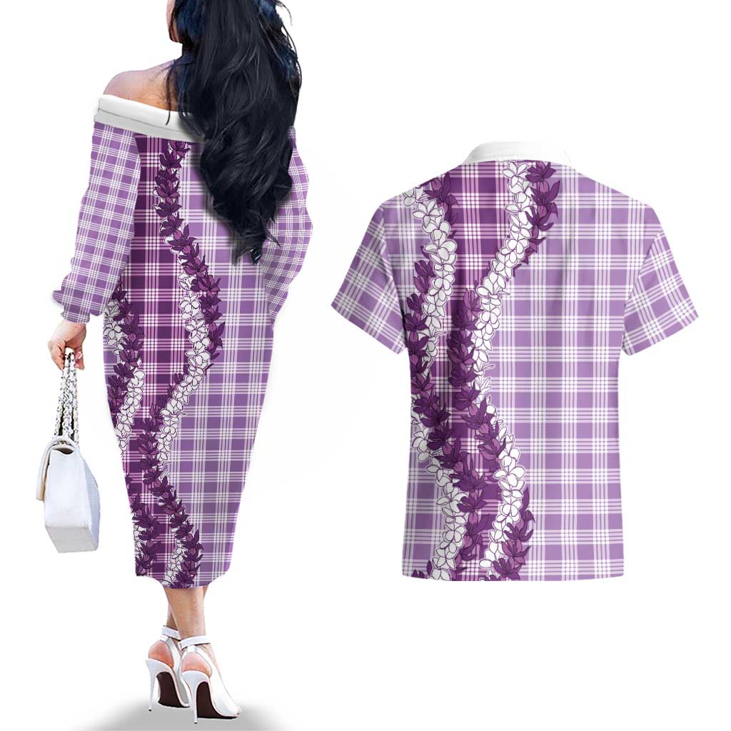 Violet Hawaii Palaka Couples Matching Off The Shoulder Long Sleeve Dress and Hawaiian Shirt Hawaiian Honohono Lei