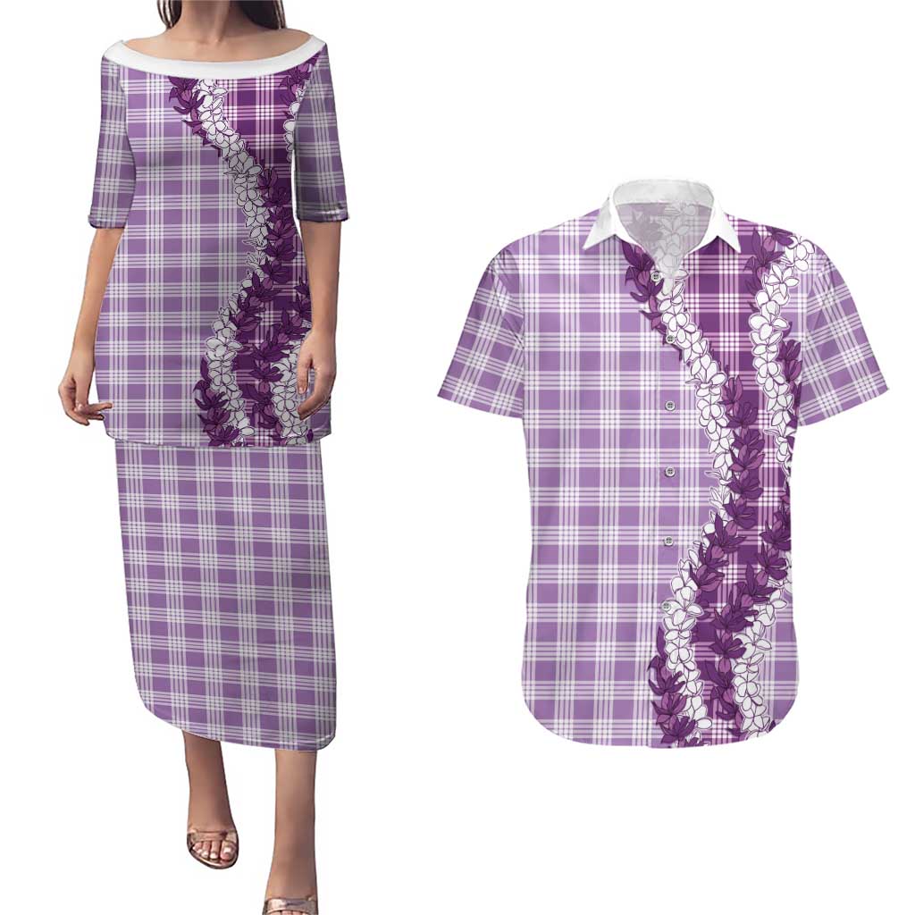 Violet Hawaii Palaka Couples Matching Puletasi and Hawaiian Shirt Hawaiian Honohono Lei